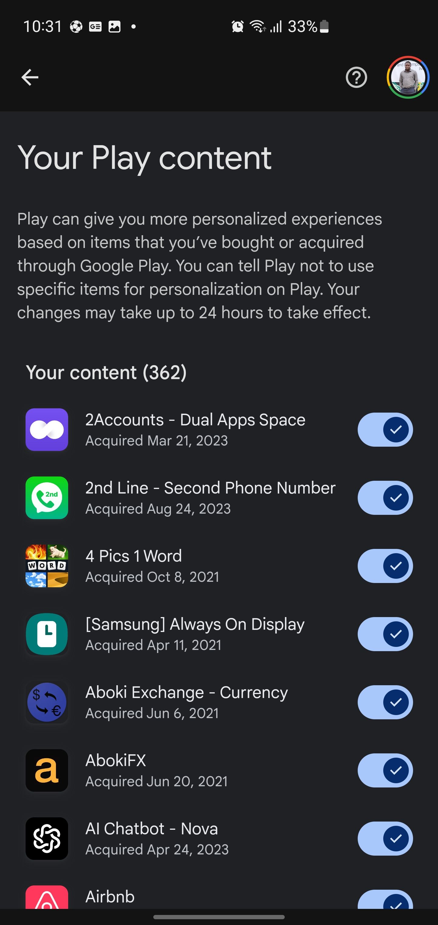 Скриншот переключателей для приложений