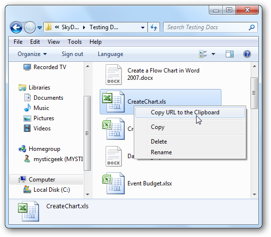 Копирование URL общего документа SkyDrive