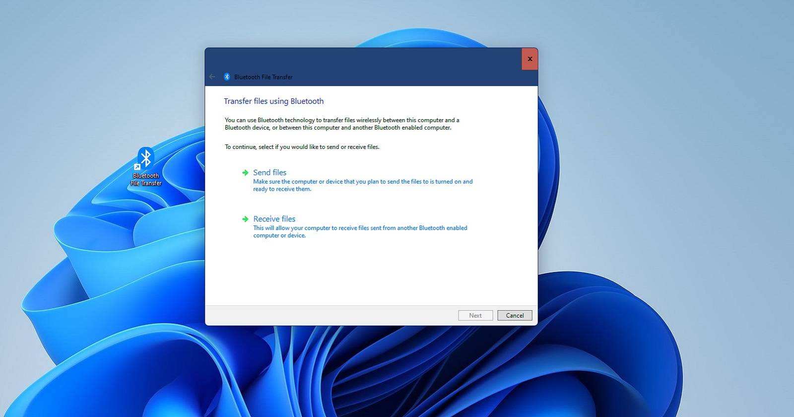 Ярлык передачи файлов по Bluetooth в Windows