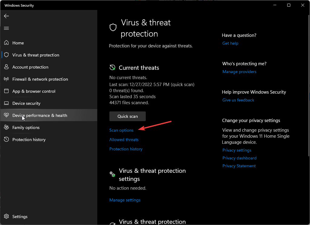 Параметры сканирования в Windows Security