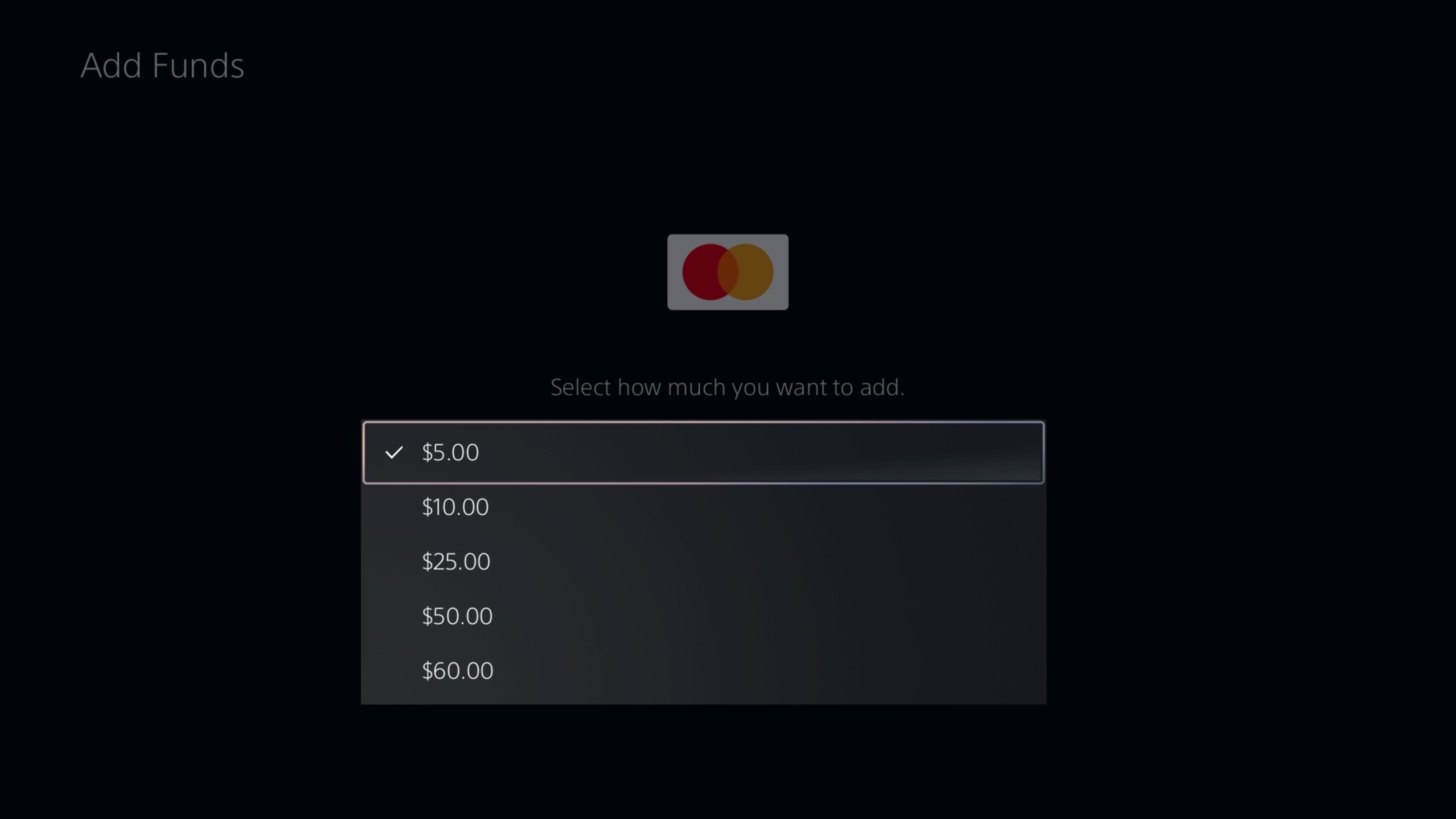 Выпадающий список сумм для пополнения PSN-кошелька