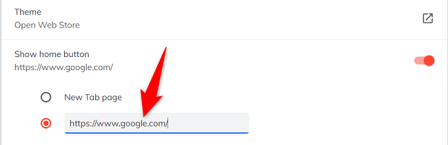 Ввод пользовательского URL в настройках Brave на компьютере.