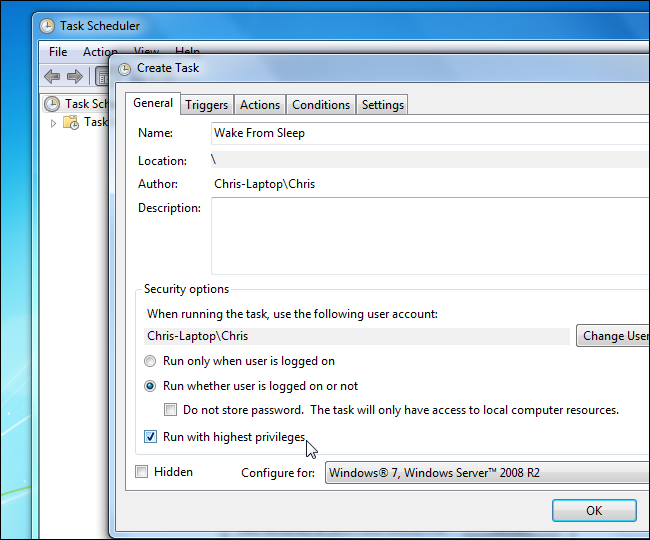 Параметры задачи: имя и привилегии