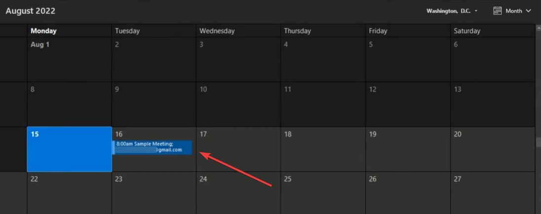 выбор встречи в календаре Outlook