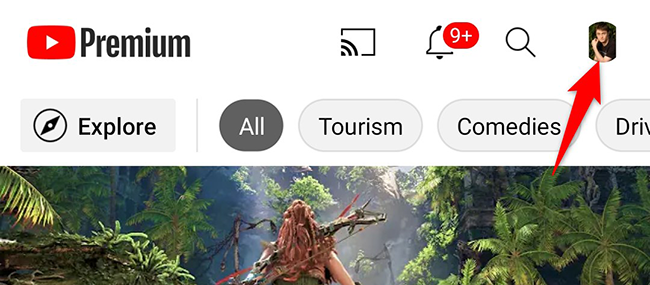 Нажмите значок профиля в правом верхнем углу приложения YouTube.