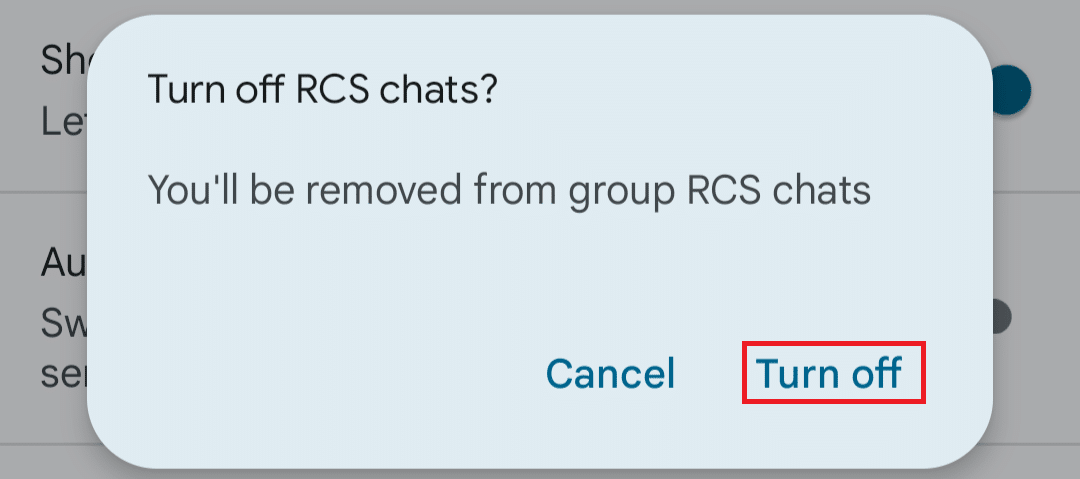 Подтверждение выключения RCS chats — кнопка «Turn Off»