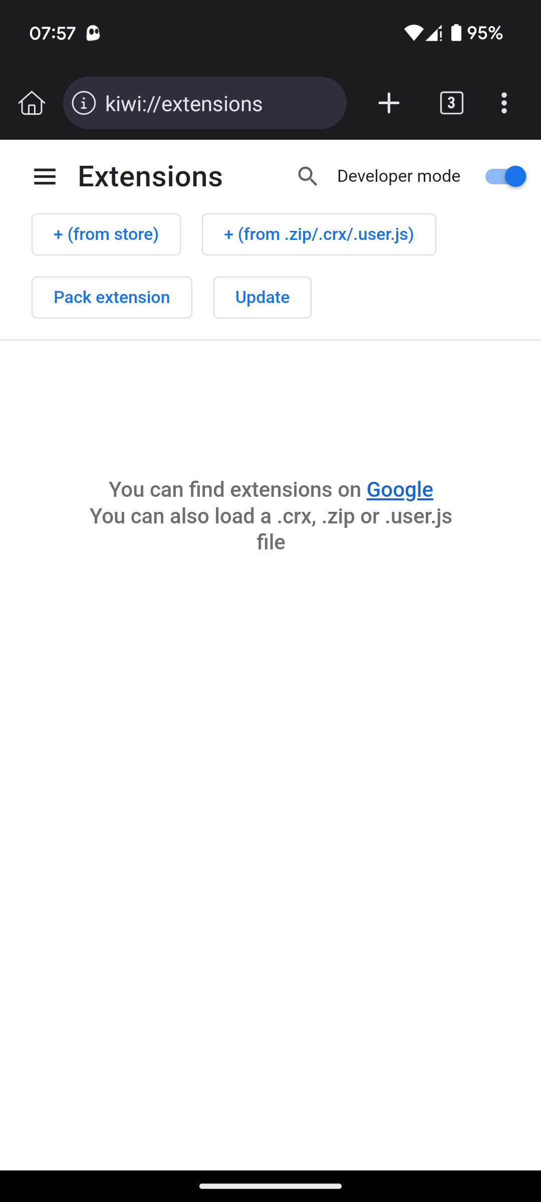 Страница расширений Kiwi Browser с включённым Режимом разработчика