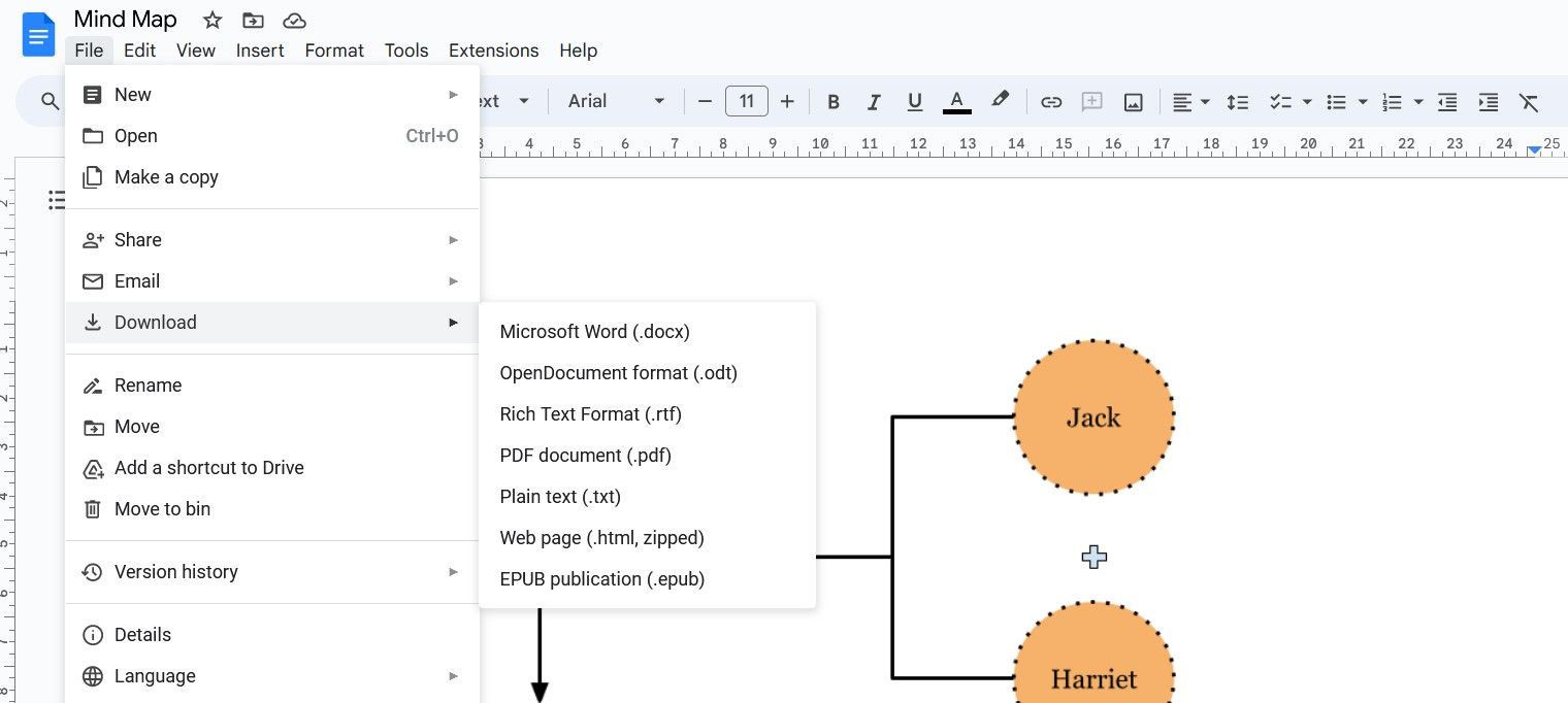Download Options for Mind Map on Google Docs