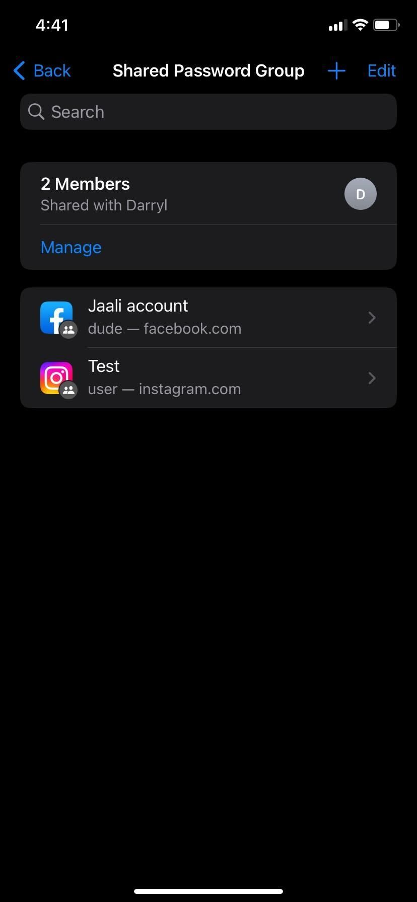 iPhone Shared Password Group Manage Option