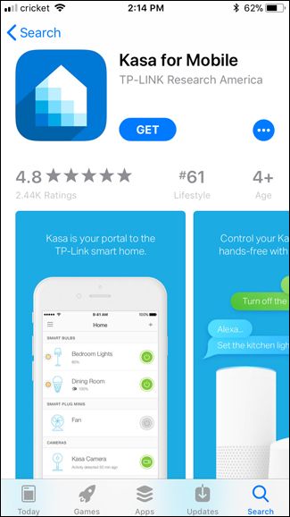 Экран установки приложения Kasa на смартфоне