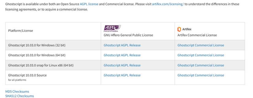 Выбор платформы и лицензии на странице загрузки Ghostscript