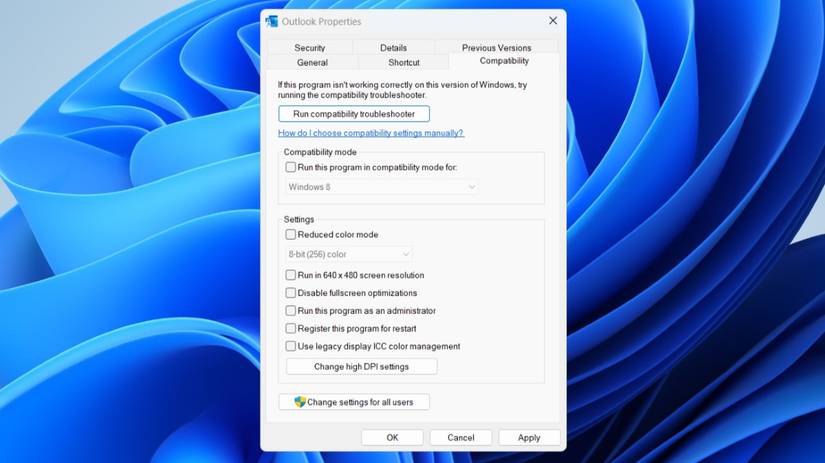 Свойства ярлыка Outlook с вкладкой Совместимость
