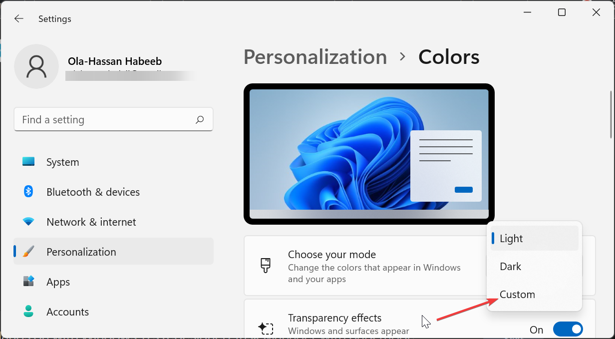 Выбор режима: Пользовательский