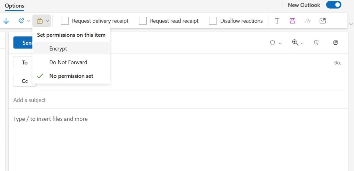 Кнопка шифрования в новой версии Outlook