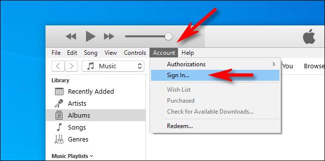В iTunes для Windows выберите Account, затем Sign In