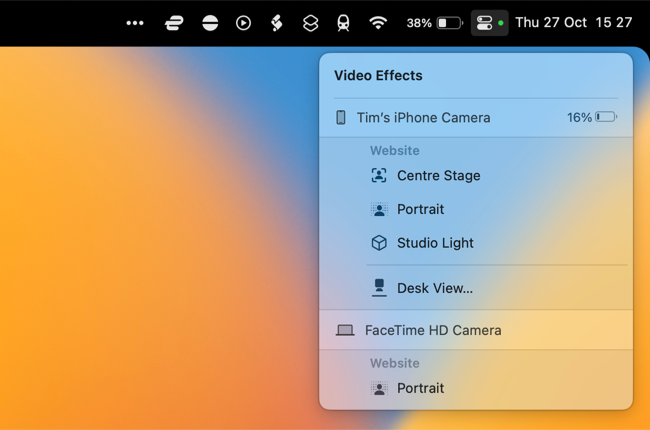 Активируйте Видеоэффекты в Центре управления macOS 13 Ventura