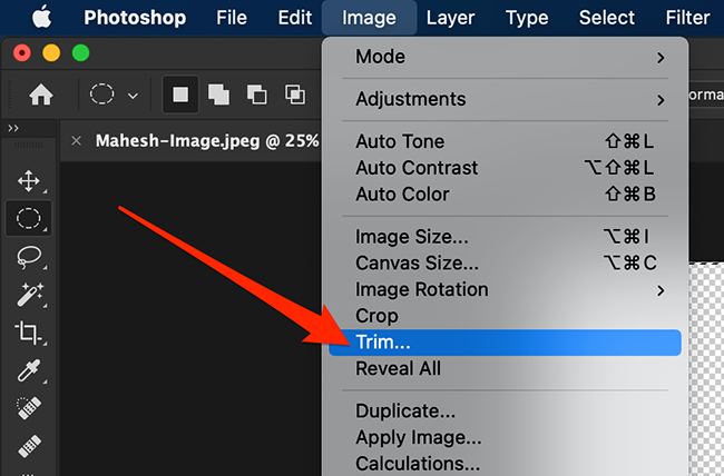 Пункт Обрезать в меню Изображение Photoshop