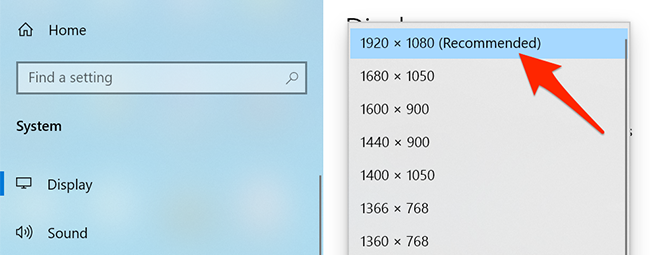 Выберите «Разрешение экрана» в приложении Параметры