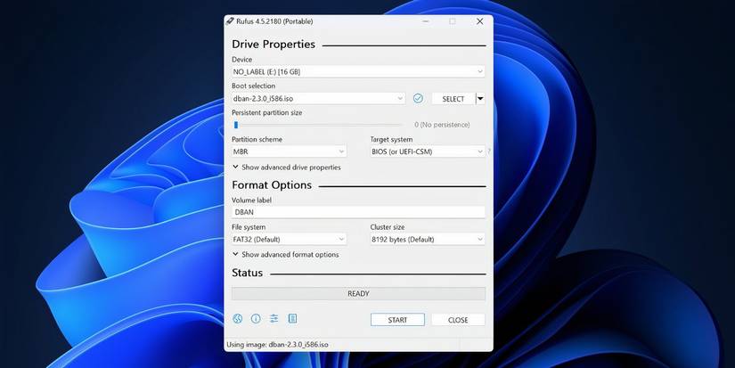 Экран Rufus в Windows 11 с выбранным ISO-файлом DBAN