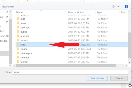 Выбор папки skins и распаковка архива