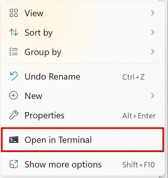 Опция Открыть в терминале в проводнике Windows