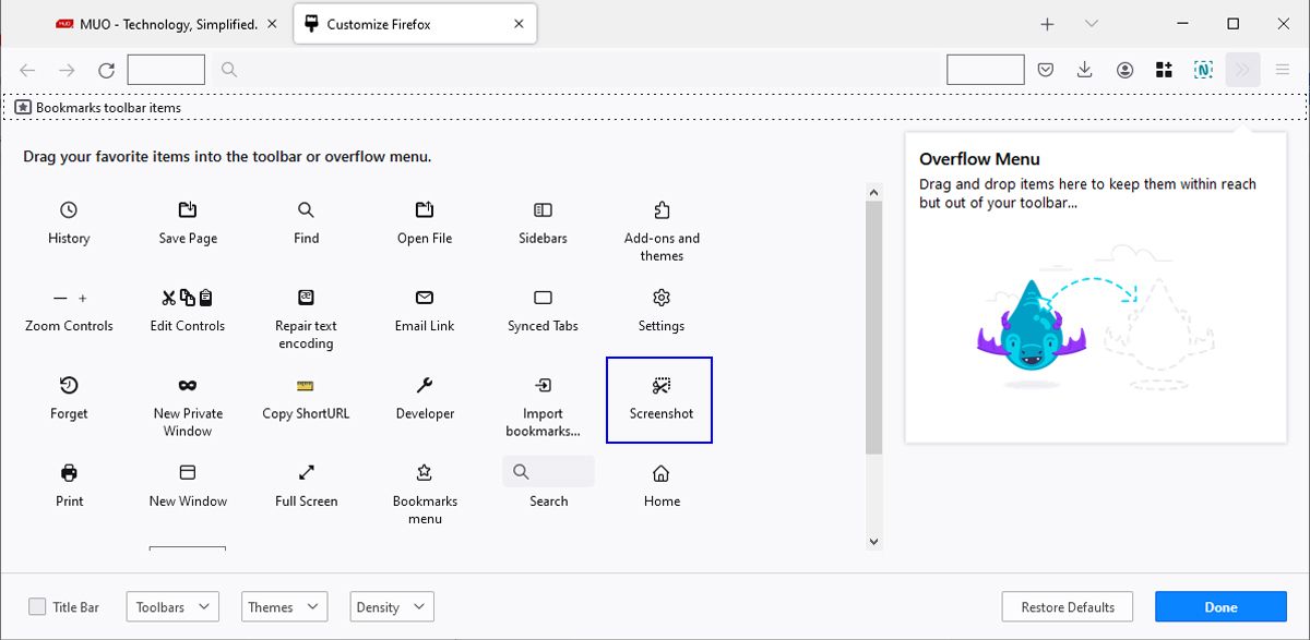 Инструмент «Снимок» в панели Firefox