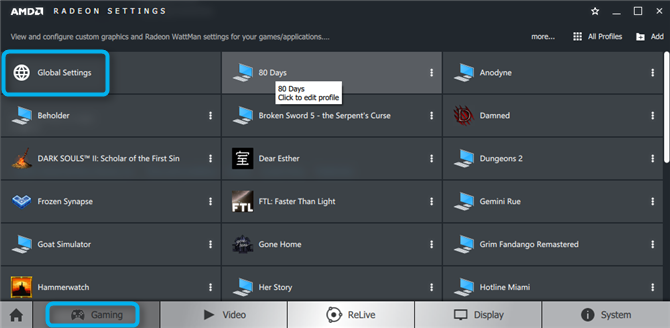 This is a screen capture of the AMD Radeon Settings menu and someone is clicking on Global Settings.