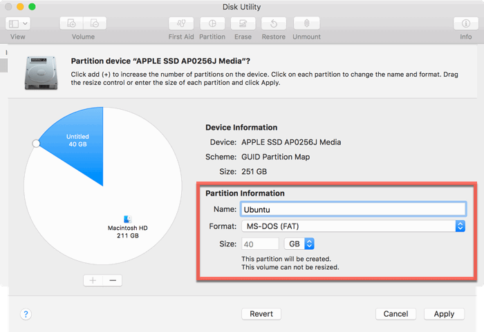 Настройка размера и типа создаваемого раздела в Дисковой утилите