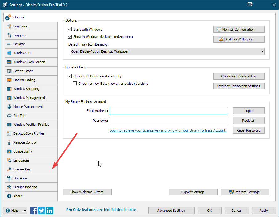 Вкладка License Key в DisplayFusion