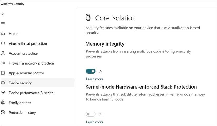Параметр аппаратной защиты стека в приложении Безопасность Windows
