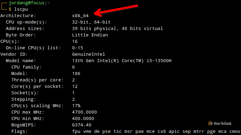 Терминал Linux с выводом lscpu, стрелка указывает на архитектуру процессора