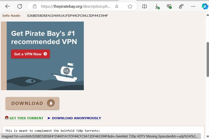 Magnet‑ссылка видна внизу страницы Microsoft Edge