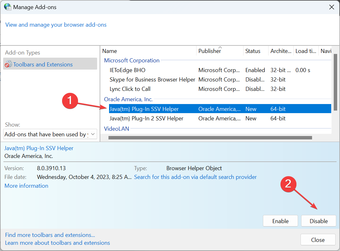 Отключение надстройки Java Plug-in SSV Helper