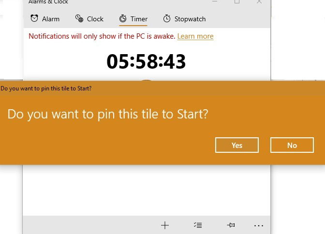 Подтверждение закрепления плитки в Пуске