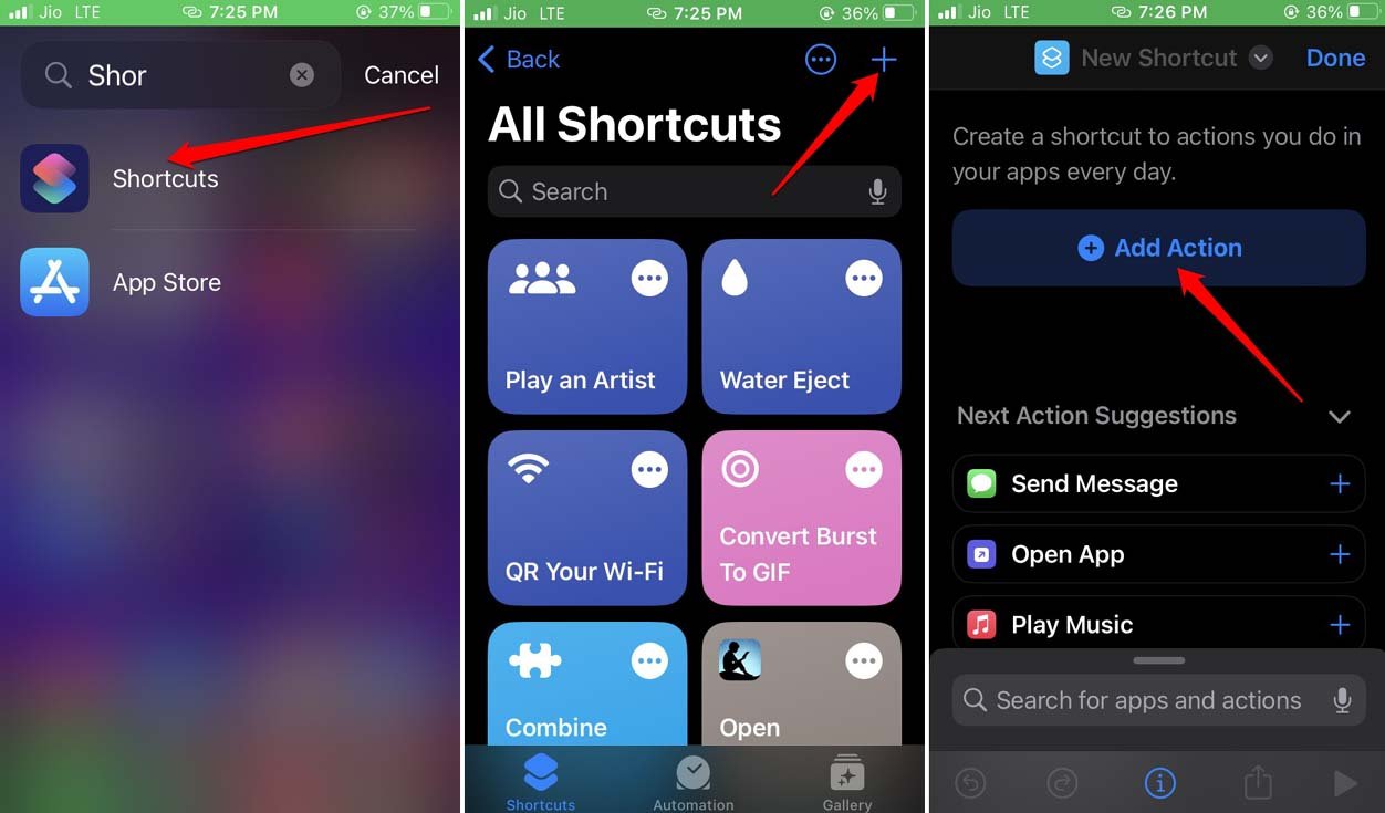 Добавление нового действия в Shortcuts на iPhone
