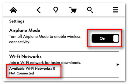Переключатель режима полёта в настройках Kindle