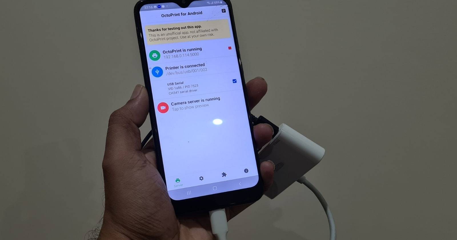octoprint server running on android phone connected to 3d printer via otg