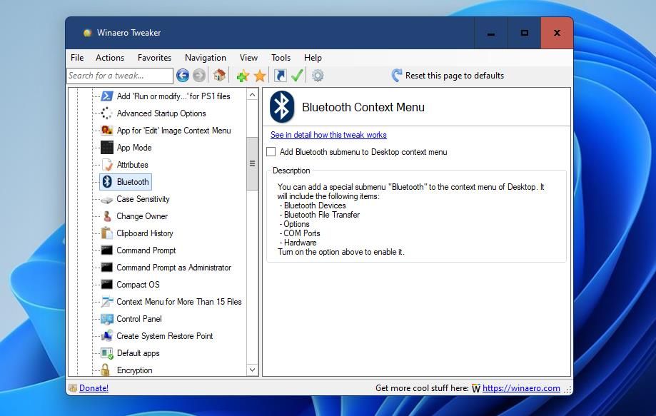 Параметр добавления Bluetooth в контекстное меню Winaero Tweaker
