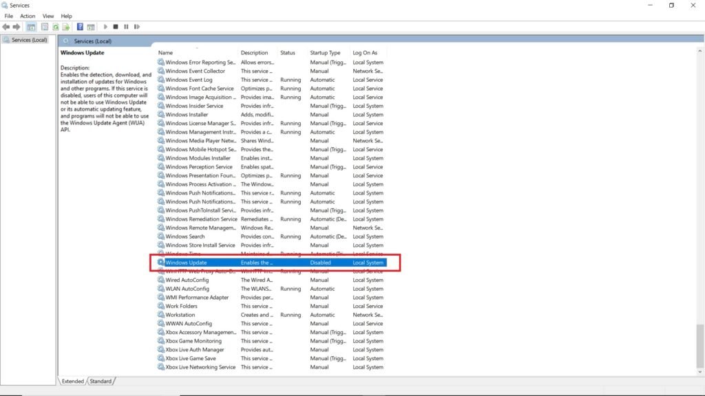 Окно свойств службы Windows Update с настройками запуска
