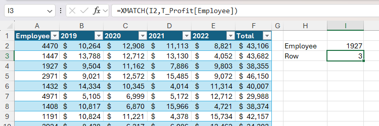 セル参照を使ってXMATCH関数で位置を返しているExcel画面