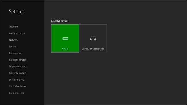 Экран настройки Kinect в разделе Kinect и устройства