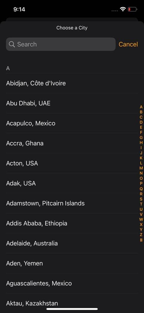 Choose a city in iPhone World Clock