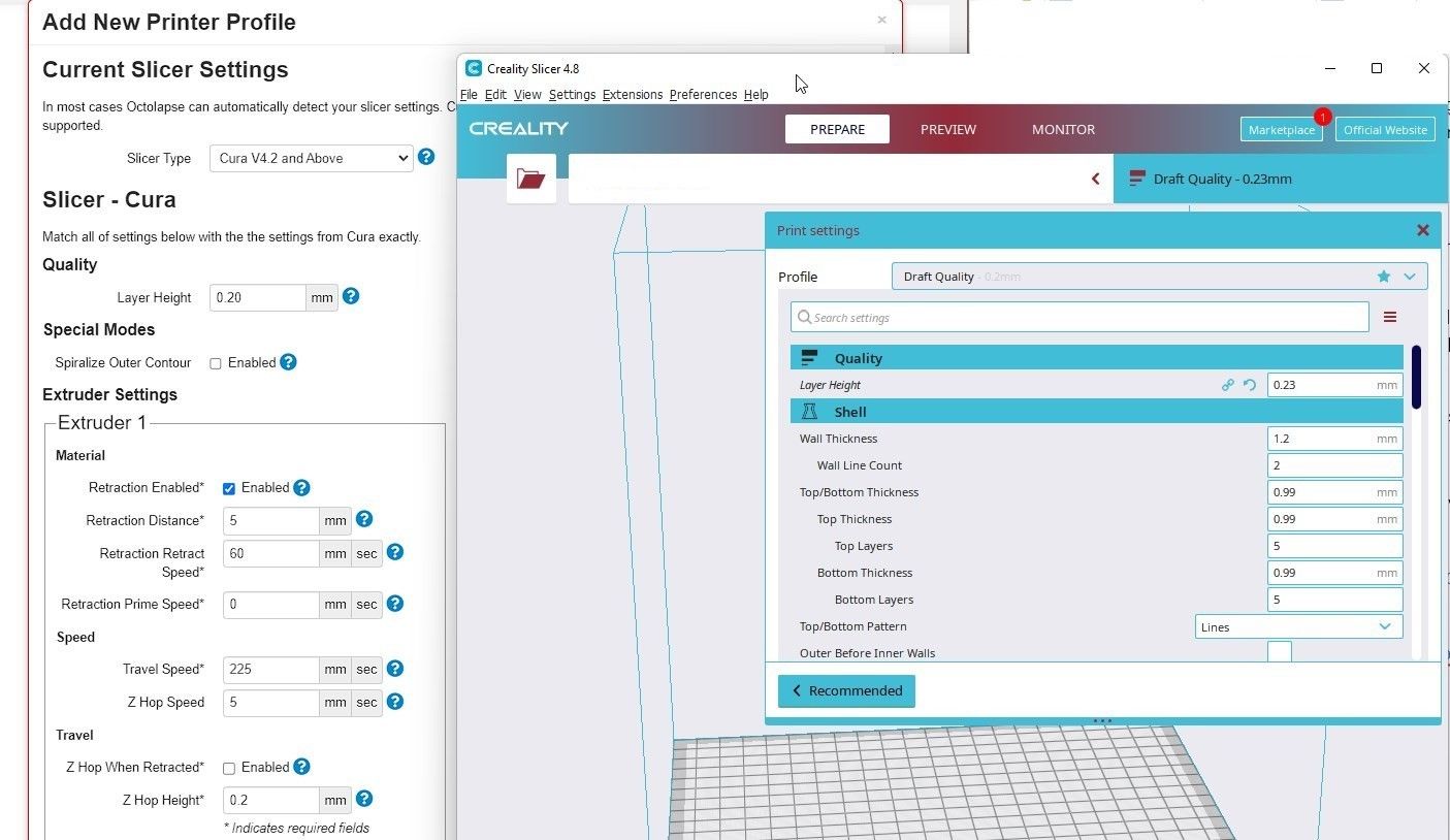 Редактирование настроек принтера и слайсера в профиле Octolapse