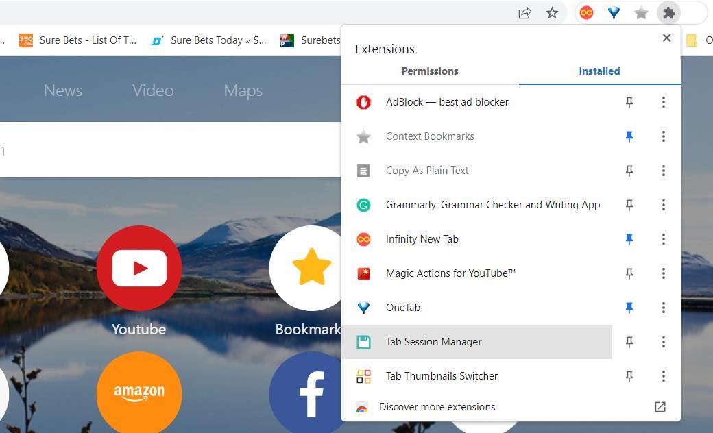 Кнопка расширения Tab Session Manager в панели URL