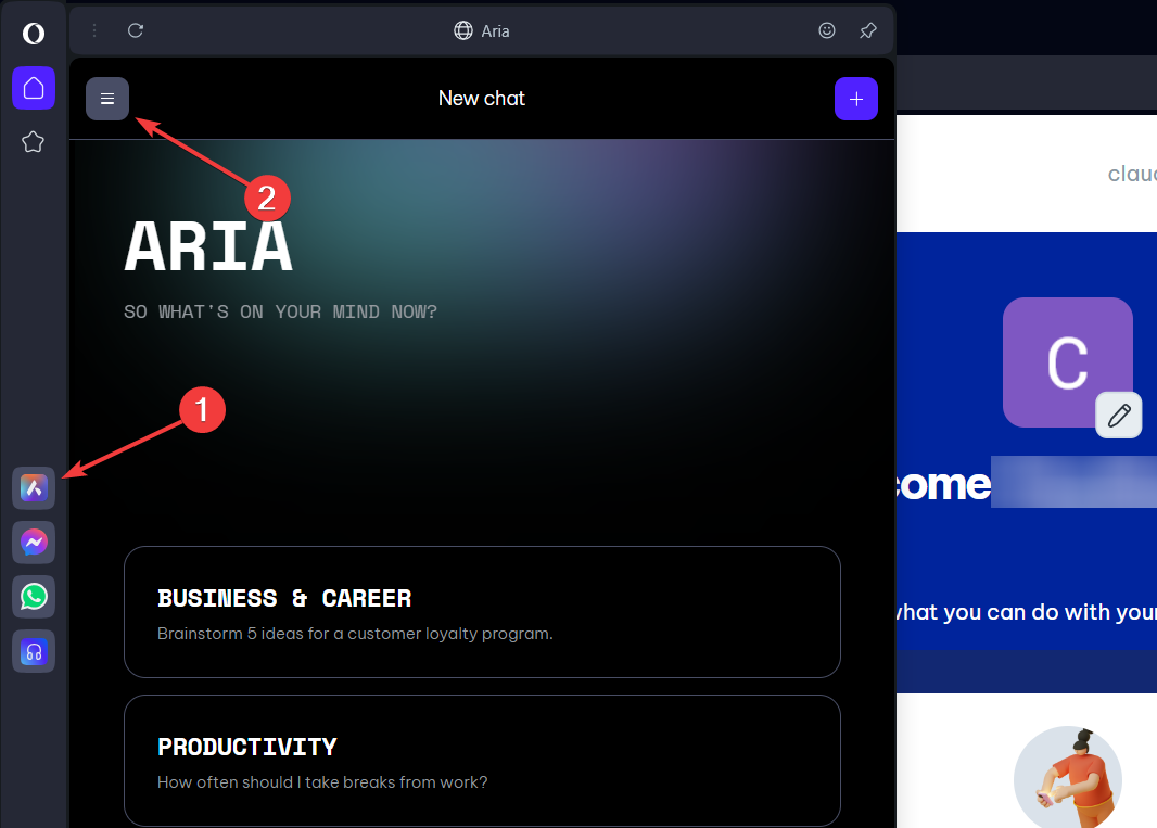 Icona Aria in Opera con menu contestuale aperto