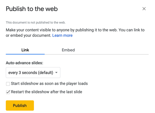 Включить зацикливание опубликованной презентации
