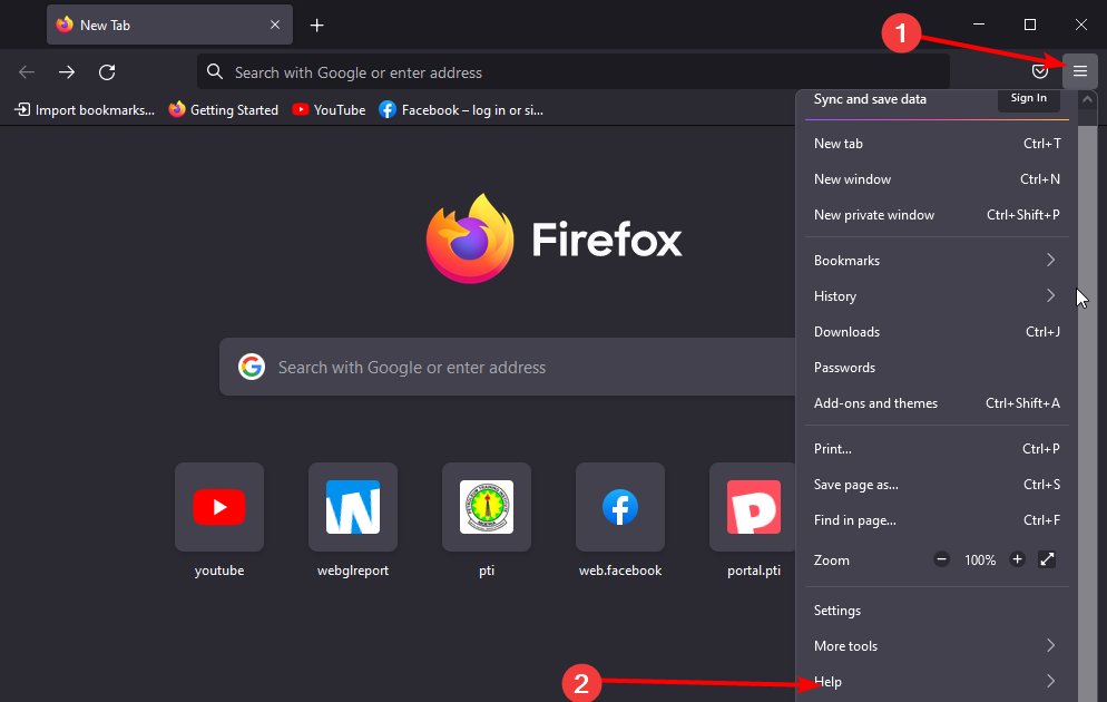 Меню Firefox с пунктом Справка