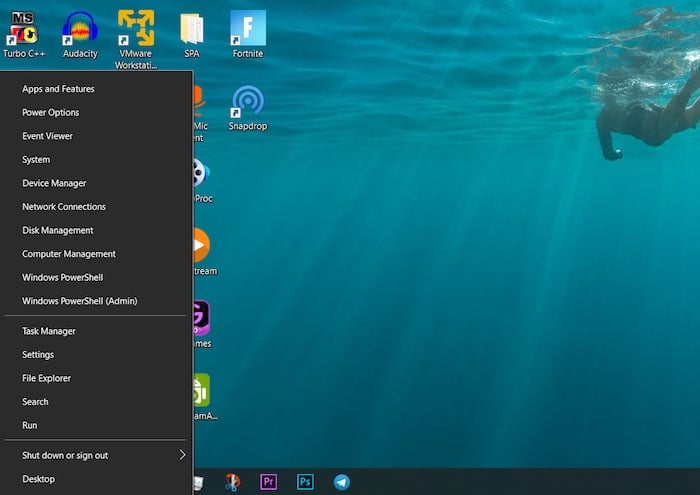 Открытие меню Power User: правый клик по Пуск или Win+X