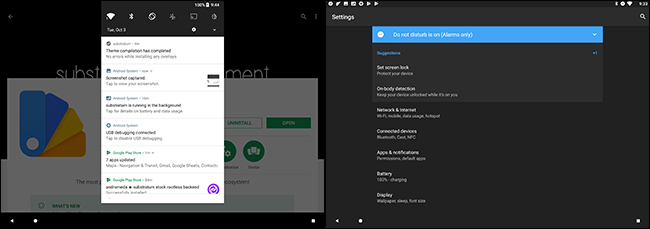Пример Pixel C с темой BalticUI и тёмной шторкой уведомлений