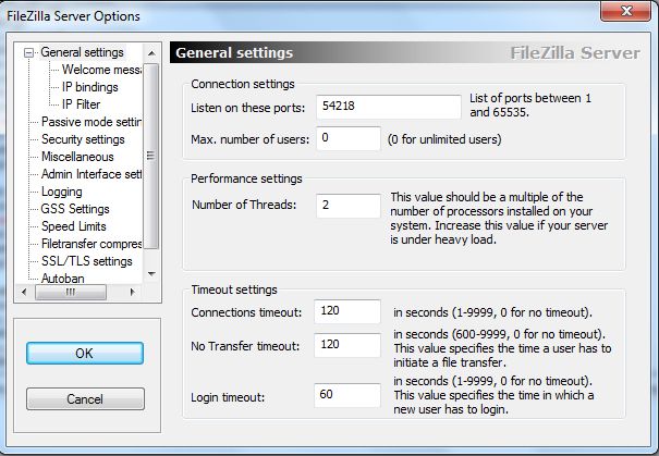 Настройка порта прослушивания FileZilla